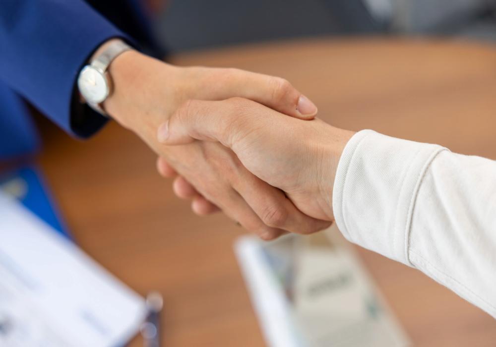 Ein Hand einer Vermögenspartnerin, die die Hand eines Kunden schüttelt